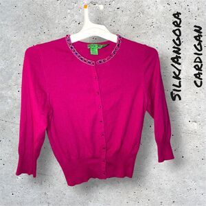 Tibi Knit Sweater Angora Silk Jeweled Cardigan Womens Size Small Pink